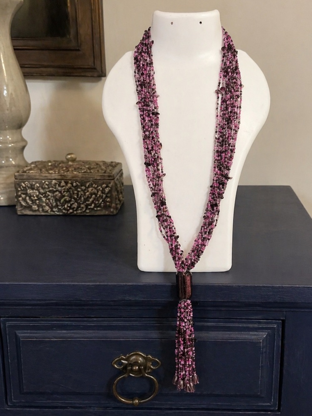 🩷Pink & Plum Multi-Strand Glass Beaded Tassel Necklace Statement Fringe Drop🩷